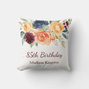 Burgundy Navy Peach Floral 85th Birthday Party Cushion