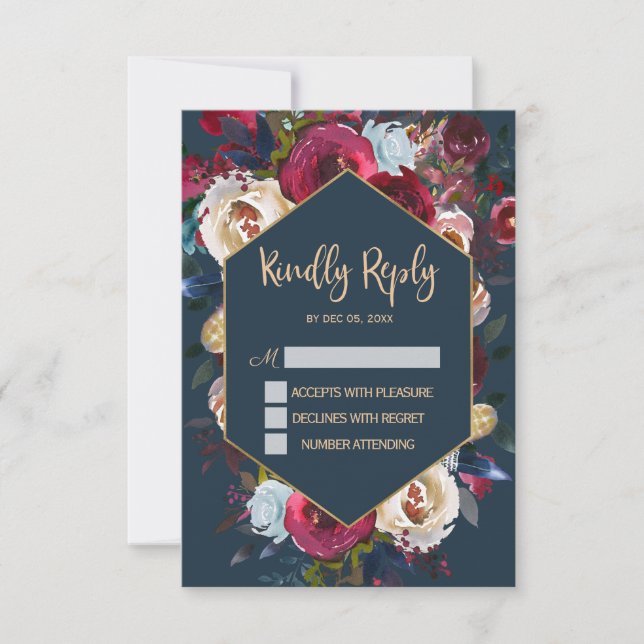 Burgundy Navy Peach Floral Frame Wedding RSVP card (Front)