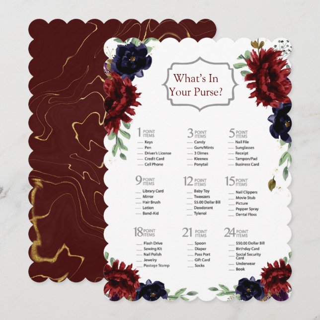 Burgundy Navy Peony Gold Bridal Shower Game Invitation (Front/Back)