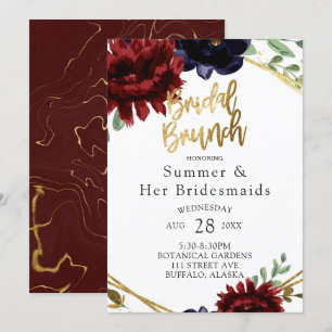 Burgundy Navy Peony Gold Bridesmaids Luncheon Invitation