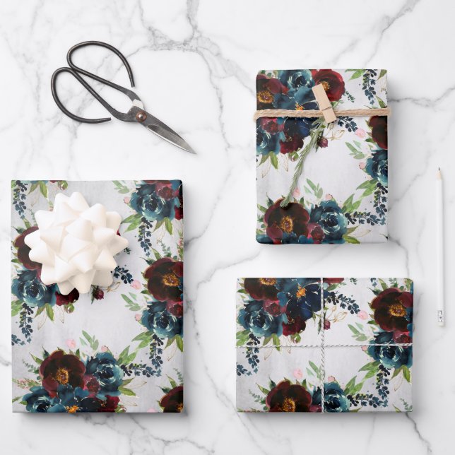 Burgundy Navy Peony & Roses Bouquet Wrapping Paper Sheet (Front)
