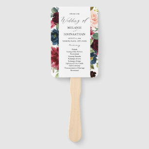 Burgundy & Navy Pink Blush Floral Wedding Program Hand Fan