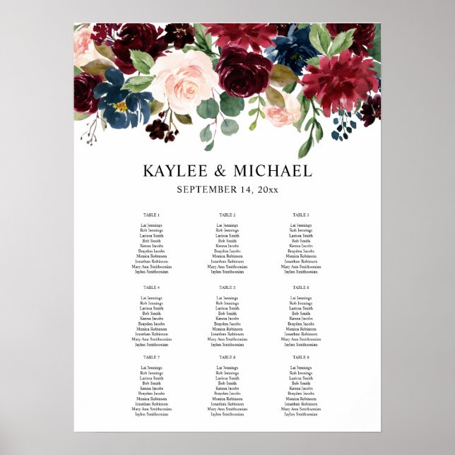 Burgundy, Navy & Pink Floral Event Seating Chart 9 (Front)