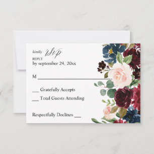 Burgundy & Navy, Pink Floral no Meal  RSVP Card