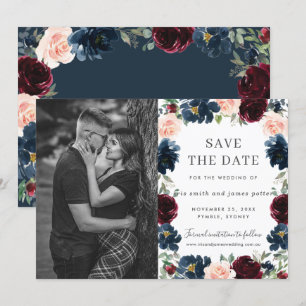 Burgundy Navy Pink Floral Photo Save the Date Card