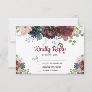 Burgundy Navy Pink Floral Wedding RSVP card