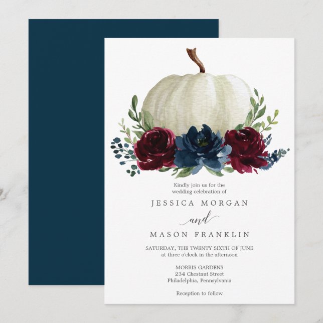 Burgundy Navy Pumpkin Fall Floral Wedding Invitation (Front/Back)
