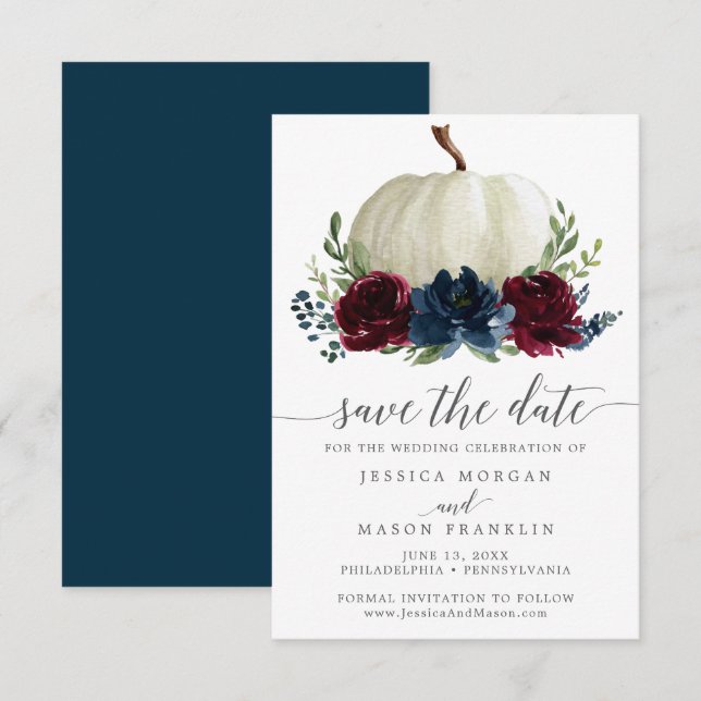 Burgundy Navy Pumpkin Save the Date Invitation (Front/Back)