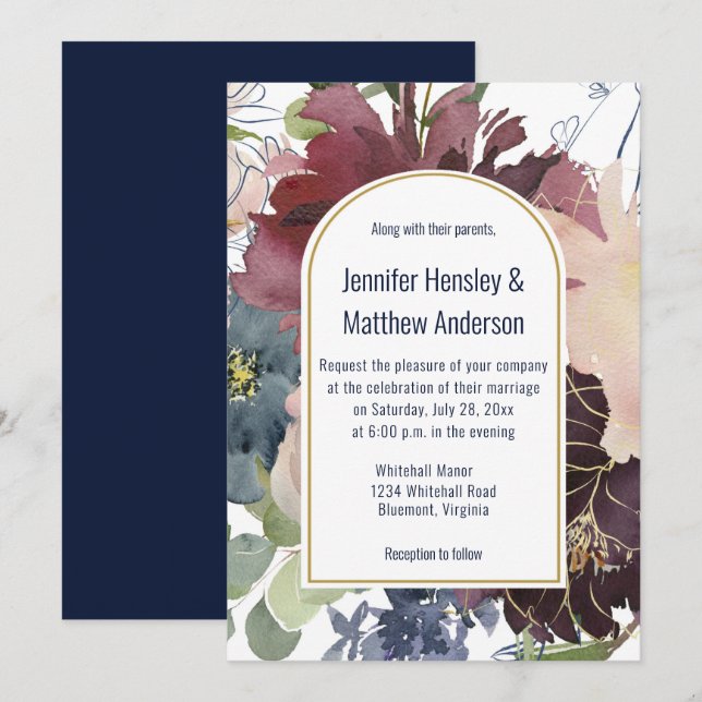 Burgundy, Navy, Rose, and Gold Floral Wedding | Invitation (Front/Back)