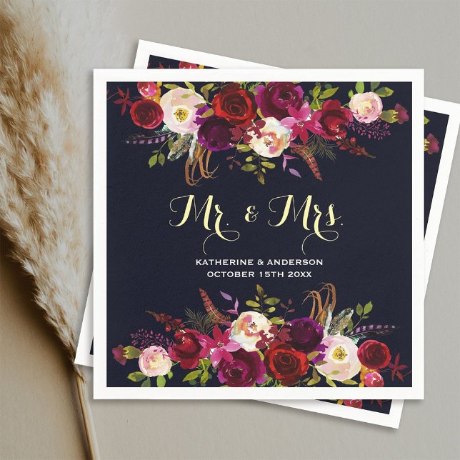 Burgundy Navy Rustic Floral Mr and Mrs Wedding Napkin (Creator Uploaded)