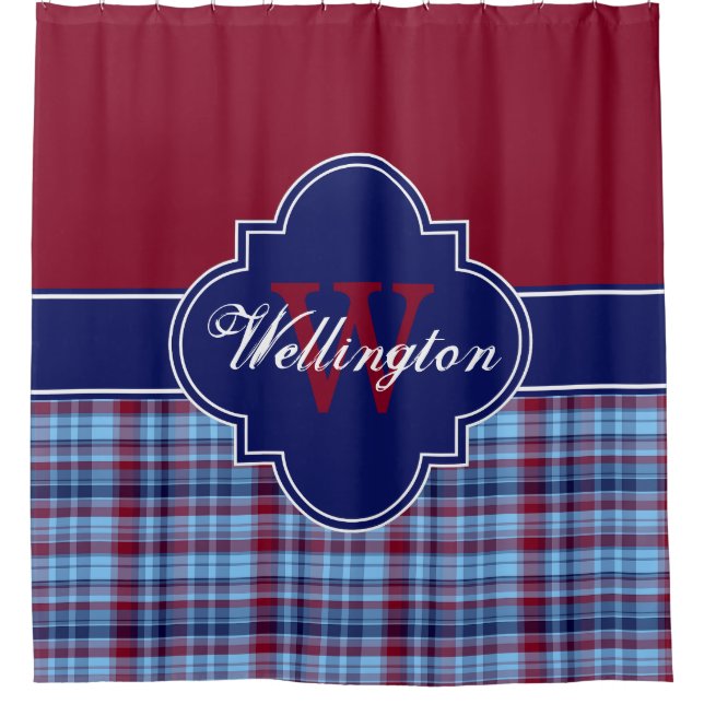 Burgundy Navy Sky Blue Madras Plaid 1ICBR Name Shower Curtain (Front)