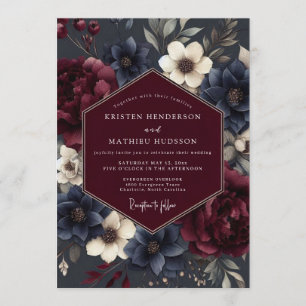 Burgundy Navy Somber Flora Wedding Invitation