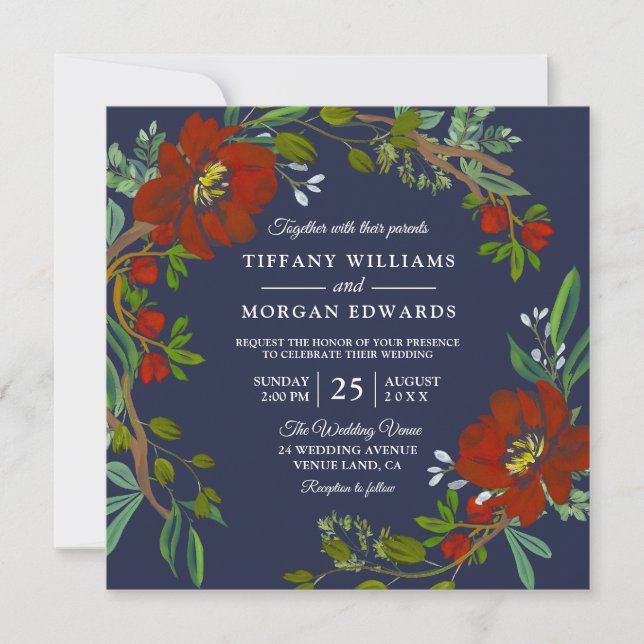 Burgundy & Navy Spring Summer Fall Wedding Invite (Front)