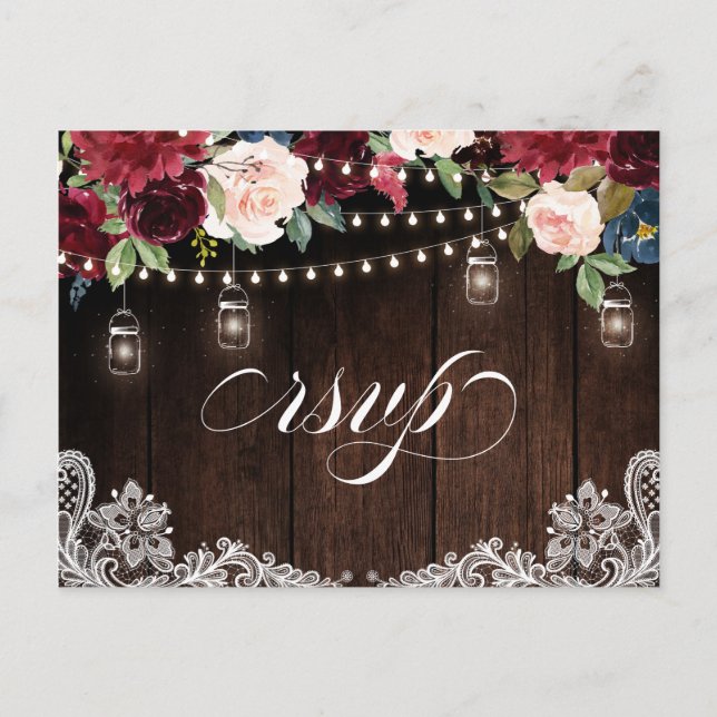 Burgundy Navy String Light mason jar RSVP Postcard (Front)
