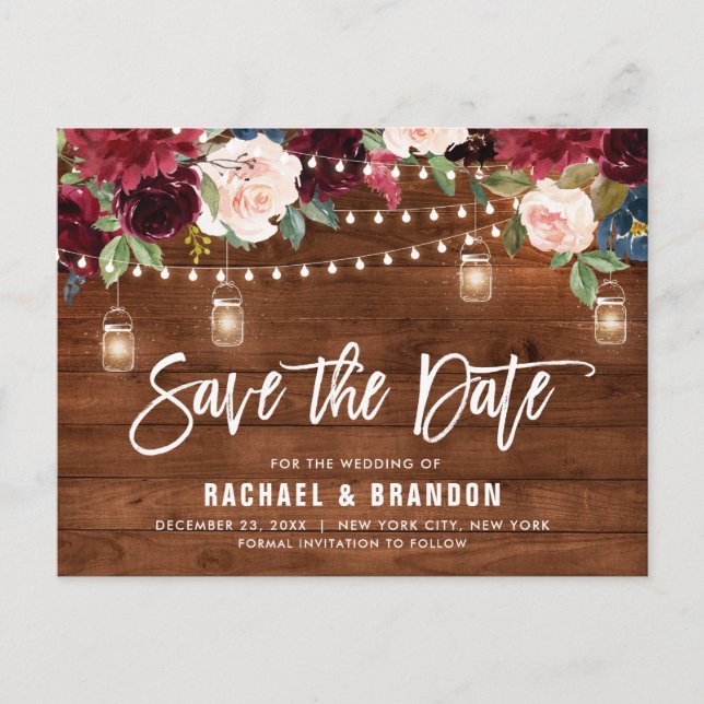 Burgundy Navy String Light mason jar Save the Date Postcard (Front)