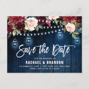 Burgundy Navy String Light mason jar Save the Date Postcard