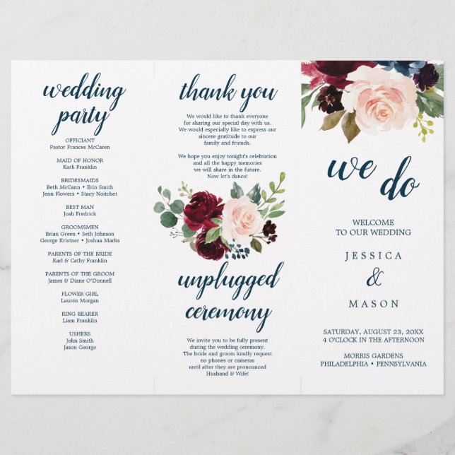 Burgundy Navy Tri-Fold Wedding Program Flyer (Front)