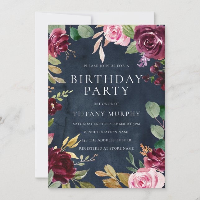 Burgundy Navy Watercolor Floral All Years Birthday Invitation (Front)
