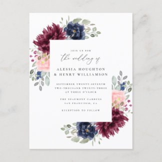 Burgundy & Navy Watercolor Floral Corners Wedding Invitation Postcard