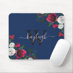 Burgundy Navy Watercolor Floral Name Monogrammed M Mouse Mat<br><div class="desc">Burgundy navy watercolor botanical peony rose floral personalised monogrammed Mouse Pad. Burgundy, marsala, white watercolor peony roses, botanical floral design with dark green leaves and berries on dark navy blue background. Feature an elegant swirly handwritten typography design with your custom name, monogram and pretty burgundy, white peony roses arrangement. Perfect...</div>