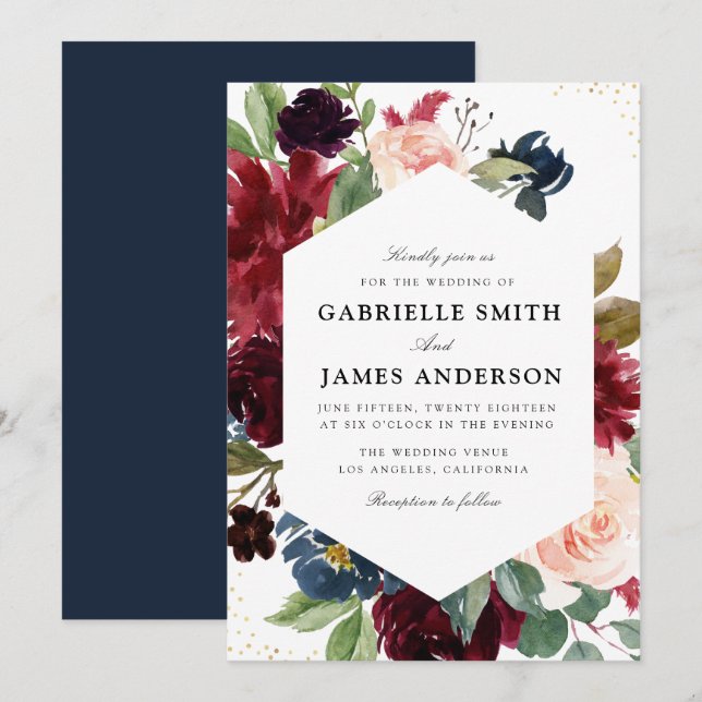 Burgundy & navy watercolor floral wedding invitation (Front/Back)