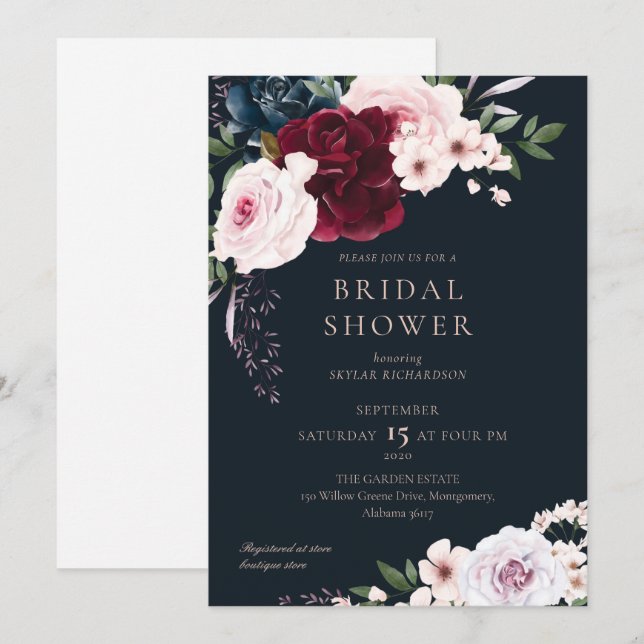 Burgundy Navy Watercolor Florals Bridal Shower Invitation (Front/Back)