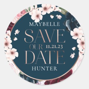 Burgundy & Navy Watercolor Florals Save The Date Classic Round Sticker
