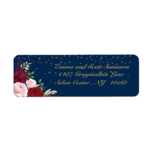 Burgundy Navy Watercolor Flower Address Label Gold