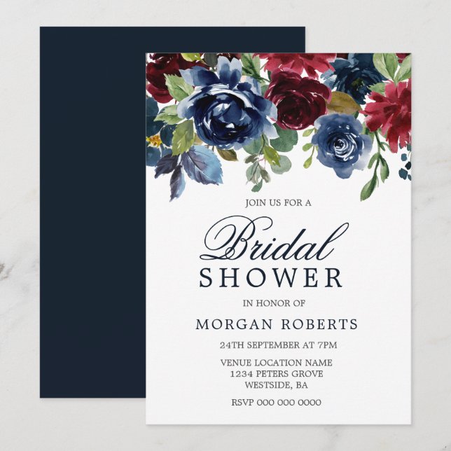 Burgundy & Navy Watercolor Flowers Bridal Shower Invitation (Front/Back)
