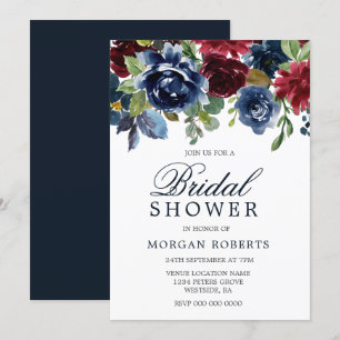 Burgundy & Navy Watercolor Flowers Bridal Shower Invitation