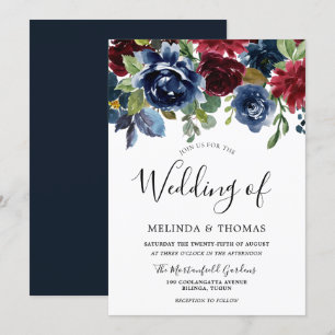 Burgundy & Navy Watercolor Flowers Fall Wedding Invitation
