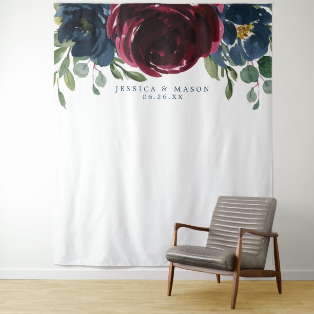 Burgundy Navy Wedding Backdrop Photo Booth Tapestry (In Situ)