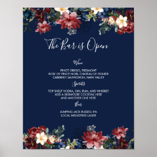 Burgundy Navy Wedding Bar Menu Sign