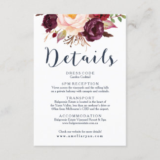 Burgundy Navy Wedding Details Card