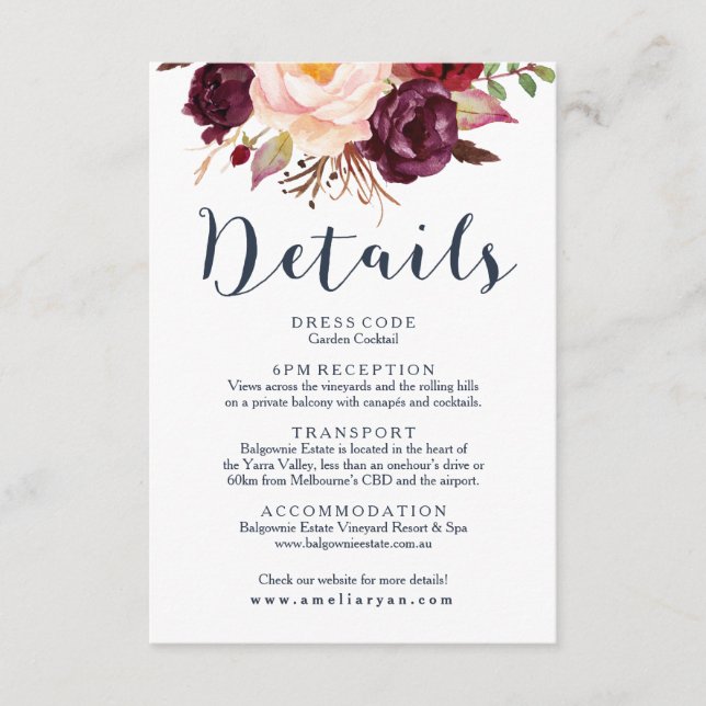 Burgundy Navy Wedding Details Card (Front)