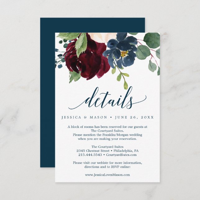 Burgundy Navy Wedding Details Card (Front/Back)
