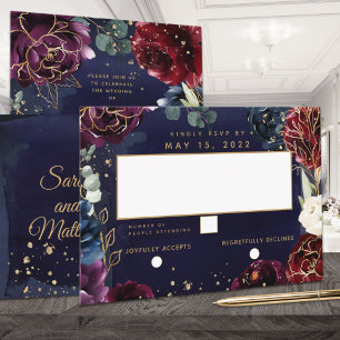 Burgundy Navy Wedding No Meal Choice RSVP Card