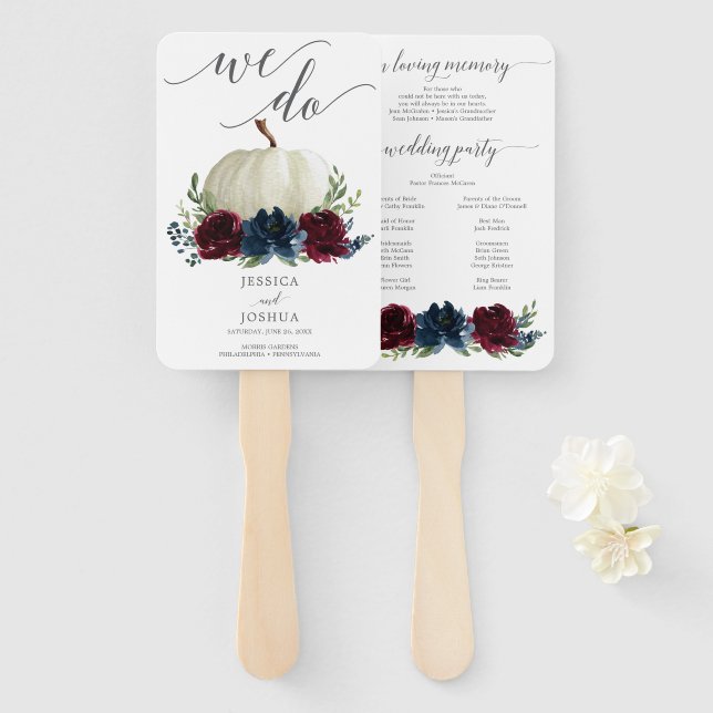 Burgundy Navy Wedding Program Fan Loving Memory (Front and Back)