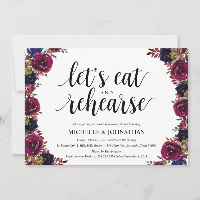 Burgundy Navy Wedding Rehearsal Dinner Invites (Front)
