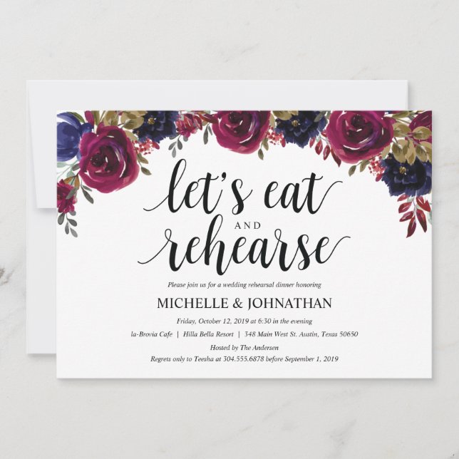Burgundy Navy Wedding Rehearsal Dinner Invites (Front)