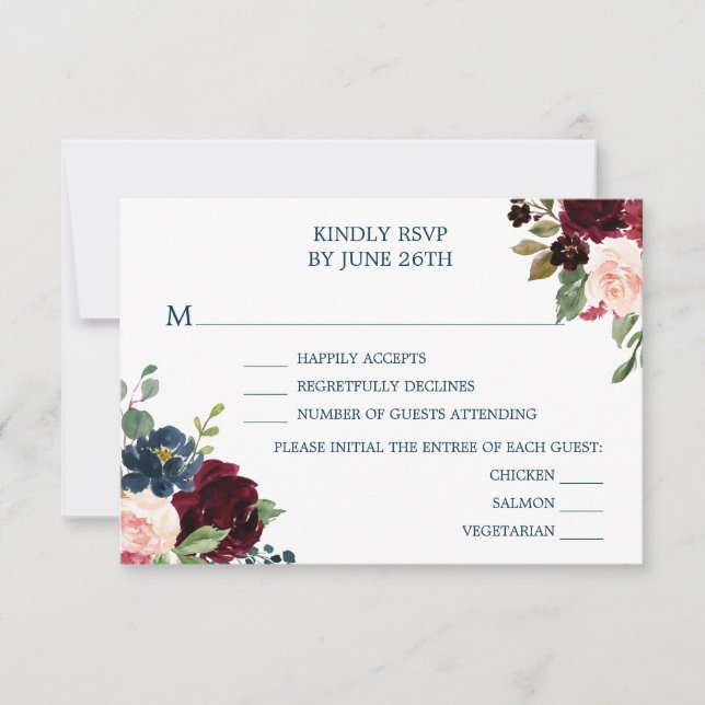 Burgundy Navy Wedding RSVP Cards (Front)
