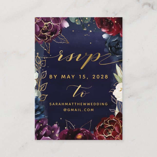 Burgundy Navy Wedding RSVP & Details Online Card (Front)
