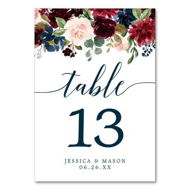 Burgundy Navy Wedding Table Numbers Double Sided (Front)
