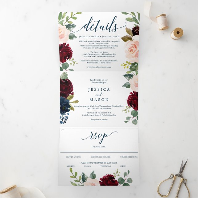 Burgundy Navy Wedding Tri-Fold Invitations (Inside)