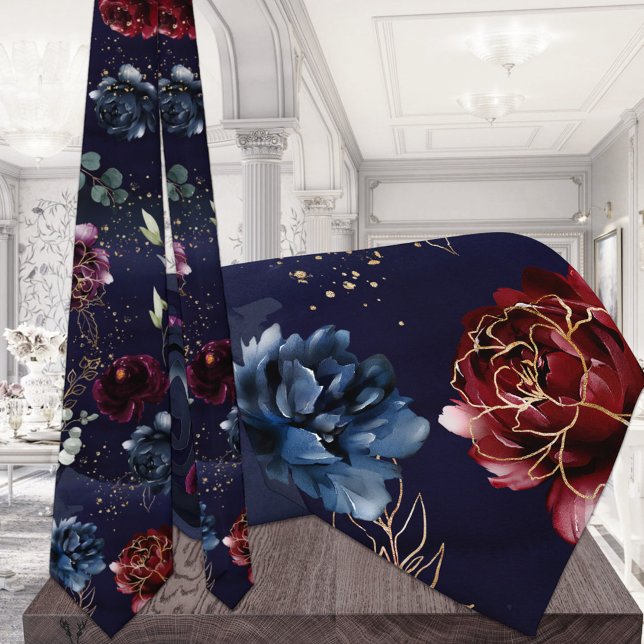 Burgundy Navy Wedding Watercolor Floral Elegant Tie (Creator Uploaded)