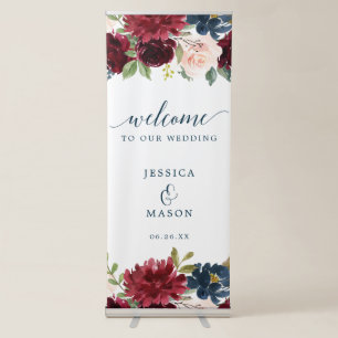 Burgundy Navy Wedding Welcome Banner with Stand