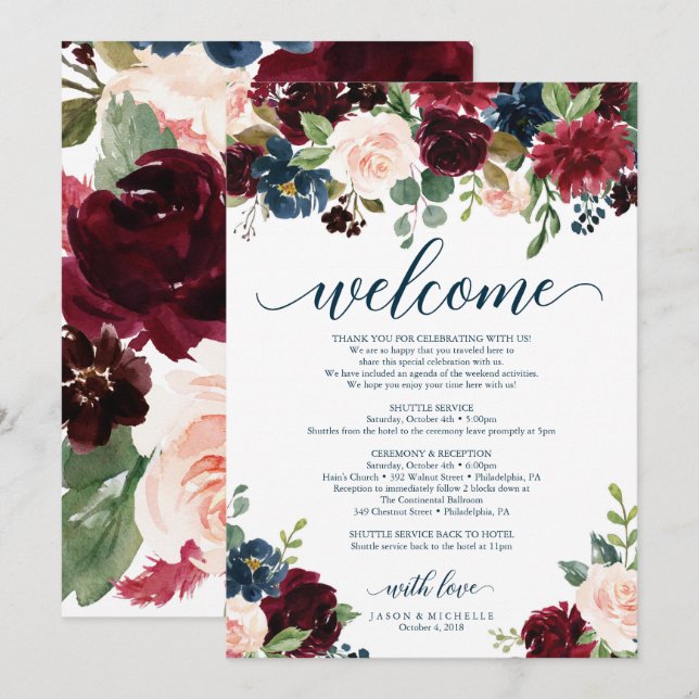 Burgundy Navy Wedding Welcome Itinerary Invitation (Front/Back)