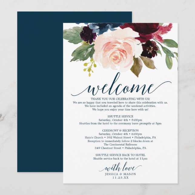 Burgundy Navy Wedding Welcome Itinerary Invitation (Front/Back)