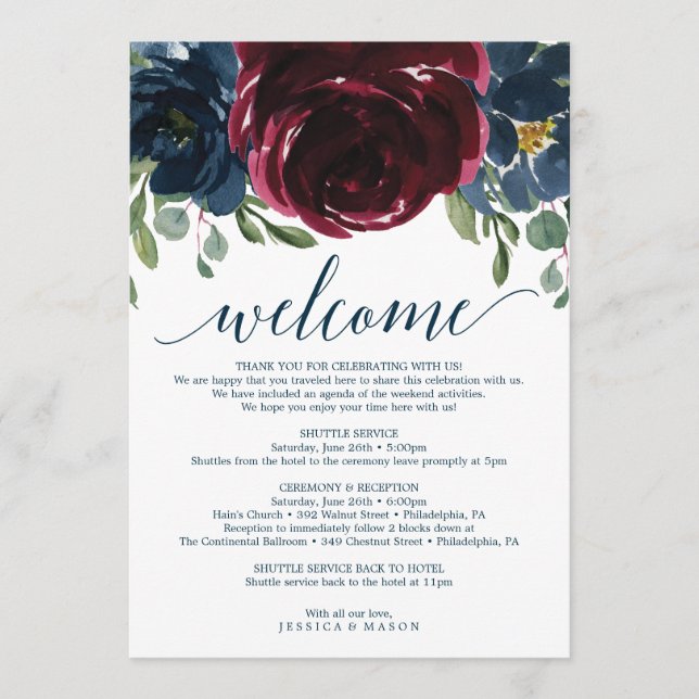 Burgundy Navy Wedding Welcome Itinerary Letter Programme (Front)