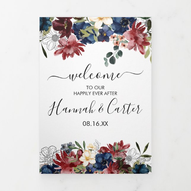 Burgundy Navy Wedding Welcome Letter & Itinerary Tri-Fold Programme (Cover)